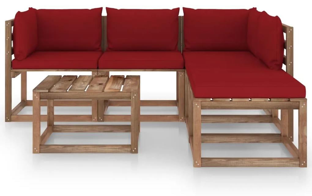 Set mobilier gradina paleti cu perne, 6 piese, lemn pin tratat Bordo, 2x colt + 2x mijloc + 2x masa, 1