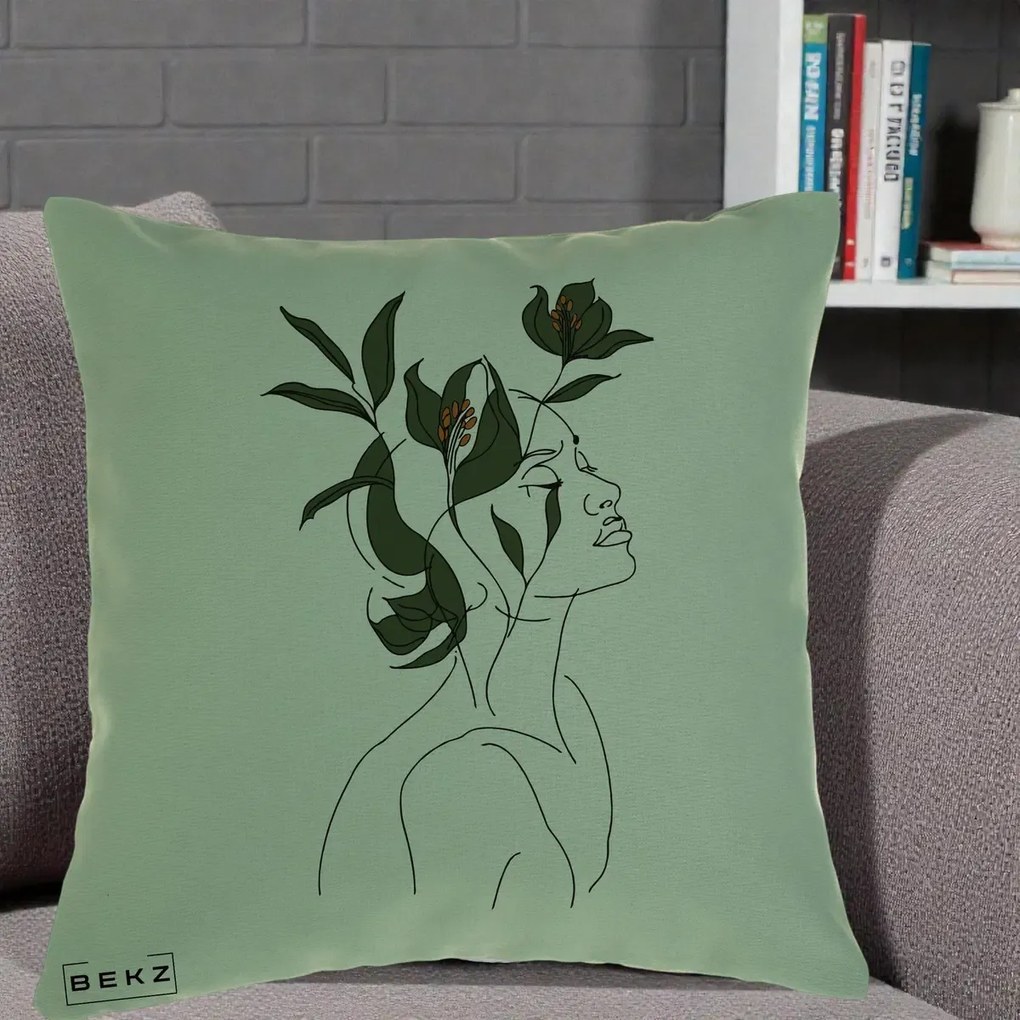 Perna Decorativa Portret Feminin Crin Verde, 40x40 cm, Verde, Husa Detasabila, Perna Inclusa, BEKZ®