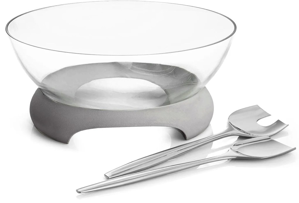Castron de salată din glass și beton cu tacâmuri din steel stainless steel