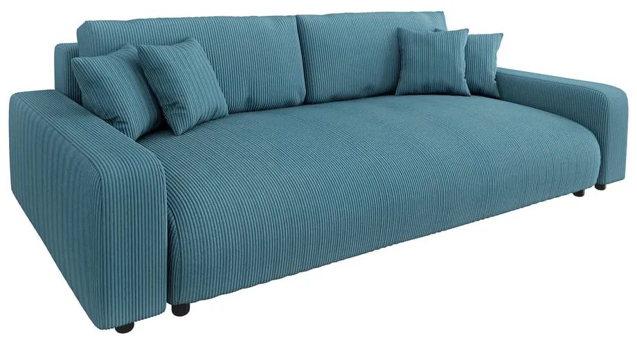 Canapea turcoaz extensibilă, cu spațiu de depozitare, cu tapițerie din catifea reiată 234 cm Sara – Ropez