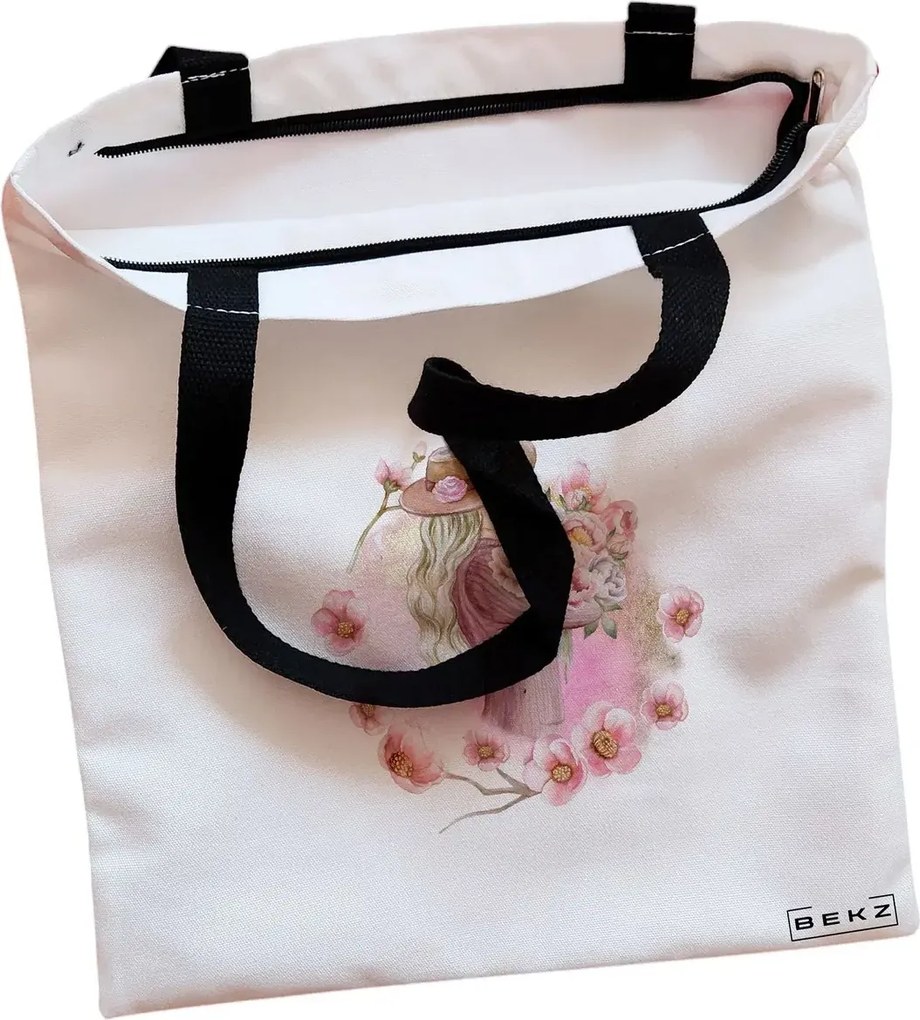 Sacosa de Panza pentru Cumparaturi, Geanta Tote, model Floral Romance, Cu fermoar, 38x34.5 cm, Alba, BEKZ®
