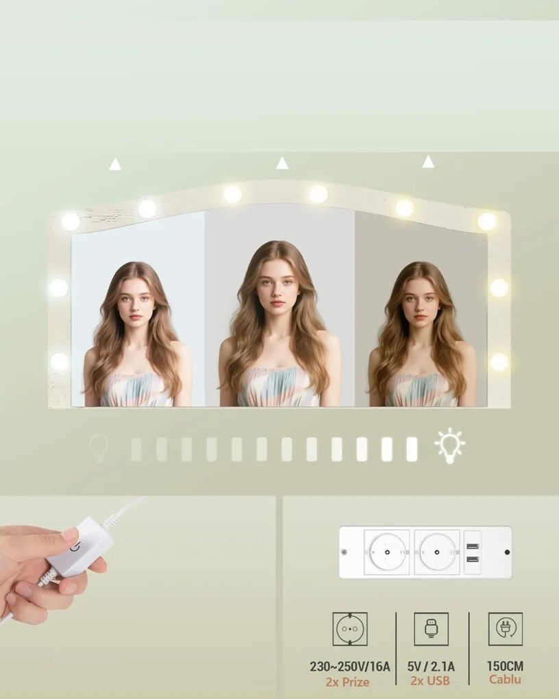 SEA818 - Set Masa toaleta 108 cm, cosmetica machiaj, oglinda cu LED, masuta vanity cu Priza, USB si Suport Uscator par, scaunel tapitat - Alb