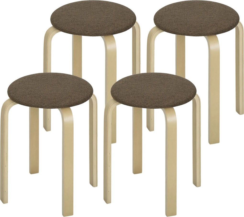 HOMCOM Taburet tapițat în set de 4, stivuibile, suprafață vopsită, picioare din lemn, Maro | Aosom Romania