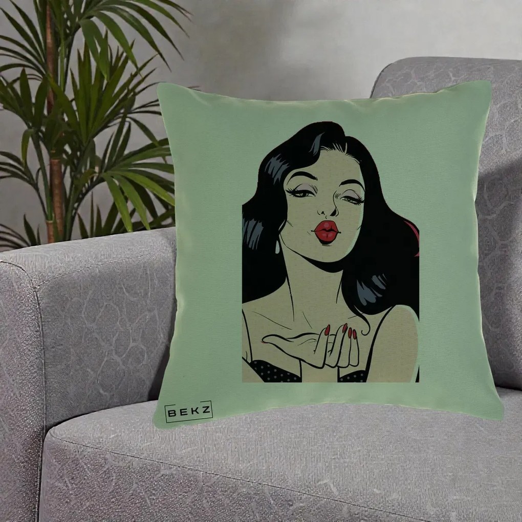 Perna Decorativa Femeie Pop-Art Kiss, 40x40 cm, Verde, Husa Detasabila, Perna Inclusa, BEKZ®