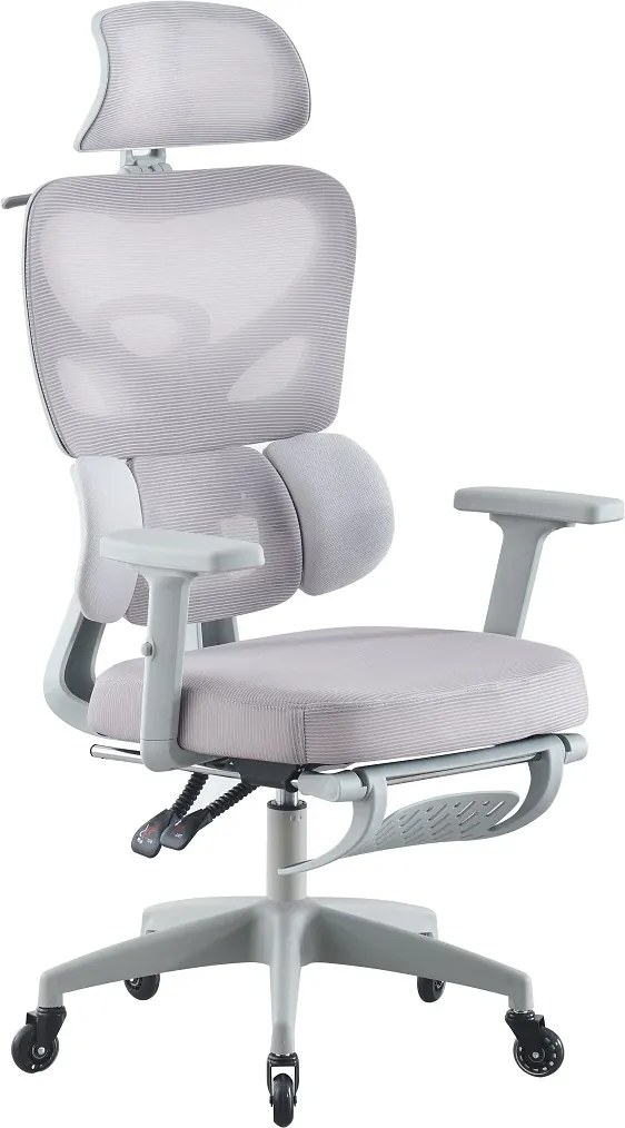 Scaun ergonomic, Suport Lombar 3 Zone Dinamice, Spătar ajustabil pe inaltime, cotiere 3D, tetiera 3D, suport pentru picioare, umeras, pivotant, Mesh, Gri