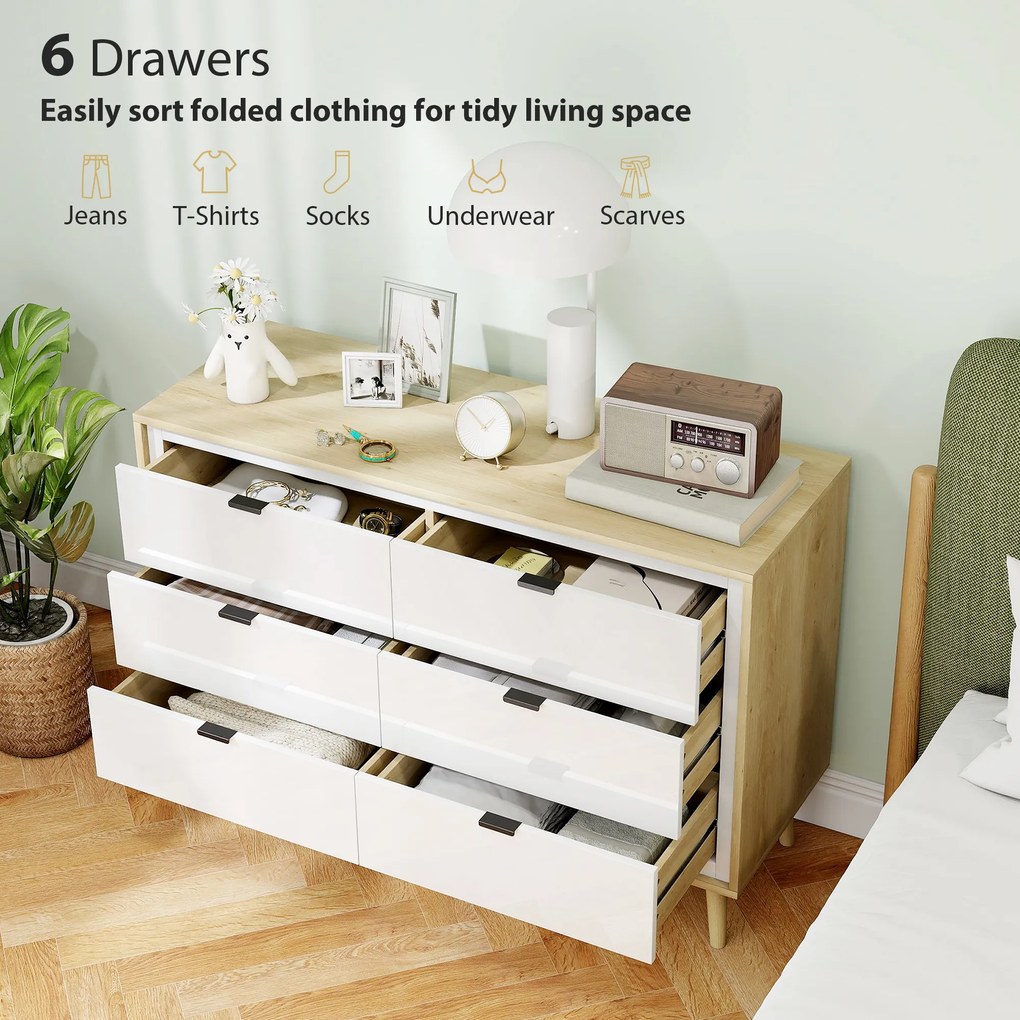 HOMCOM Comodă cu 6 Sertare din Lemn 110x40x75 cm Alb Lucios și Stejar | Aosom Romania