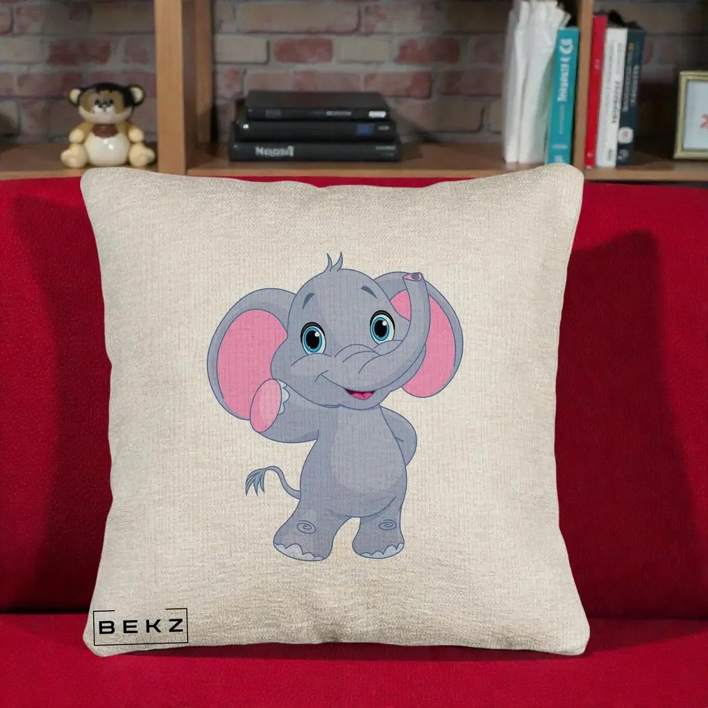 Perna Decorativa Pui de Elefant Kawaii, 40x40 cm, Bej Canapea, Husa Detasabila, Perna Inclusa, BEKZ®
