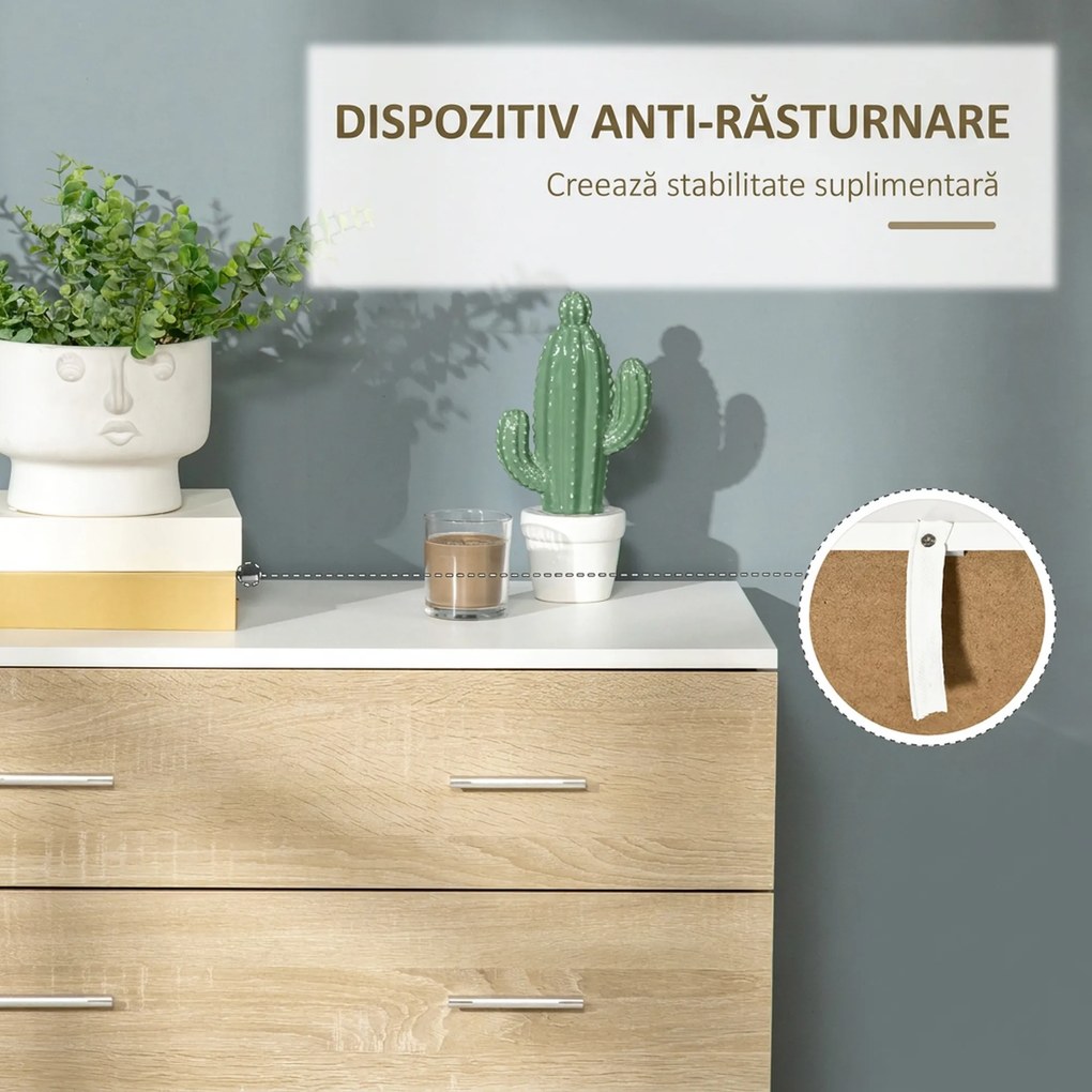 HOMCOM Comodă cu 4 Sertare, Mânere din Aluminiu și Structură din Lemn, 76x35x72cm, Alb și Stejar | Aosom Romania