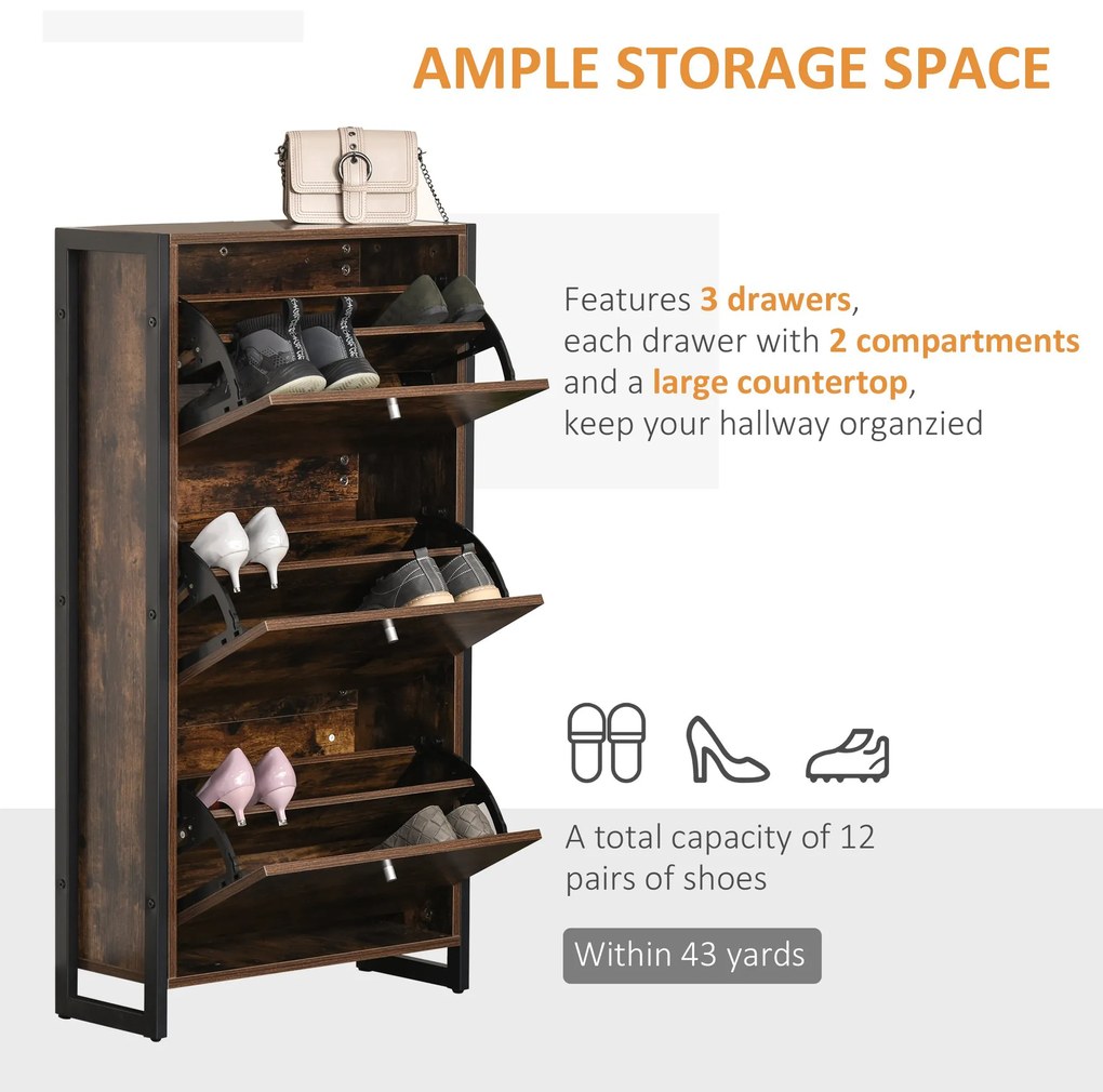 Mobilier Suport de Pantofi Economisire Spatiu Stil Industrial pentru 12 Perechi, Lemn si Metal, 60x24x115cm Maro si Negru HOMCOM | Aosom RO