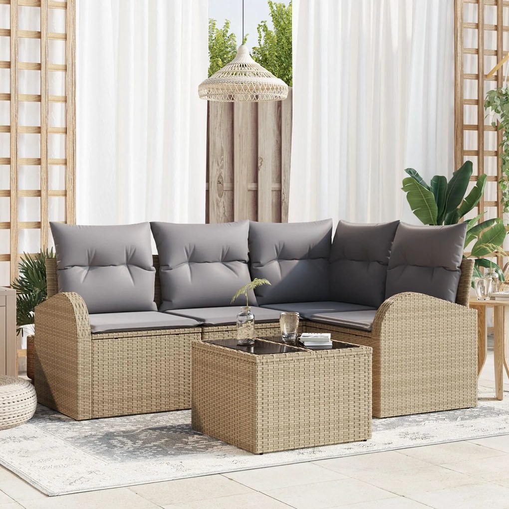 vidaXL Set canapea 5 piese cu perne din ratan poliester negru