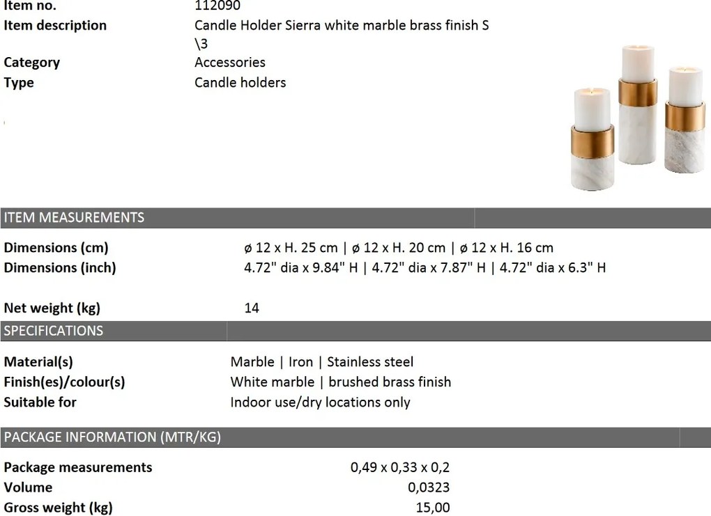 Set de 3 suporturi lumanari Sierra, marmura alba 112090 HZ