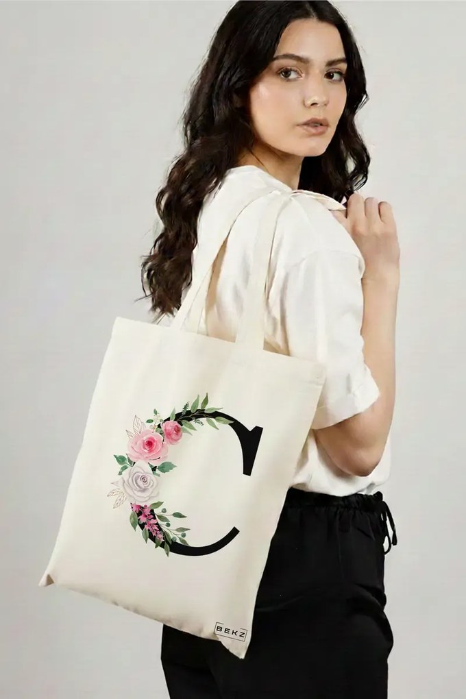 Sacosa de Panza pentru Cumparaturi, Geanta Tote, Cu litera C si Trandafiri, 38x34.5 cm, Alba, BEKZ®