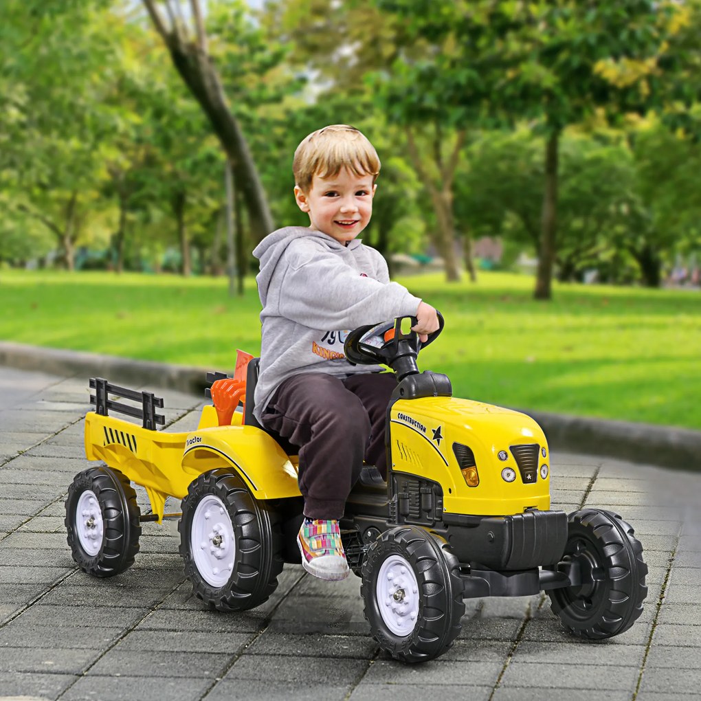 HOMCOM Tractor de Pedalat pentru Copii de 3+ Ani cu Remorcă, Greblă, Lopată și Claxon, 133x42x51 cm, Galben | Aosom Romania