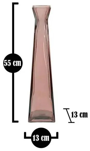 Vaza decorativa roz din sticla reciclata, 13 x 13 x 55 cm, Piramide Mauro Ferreti