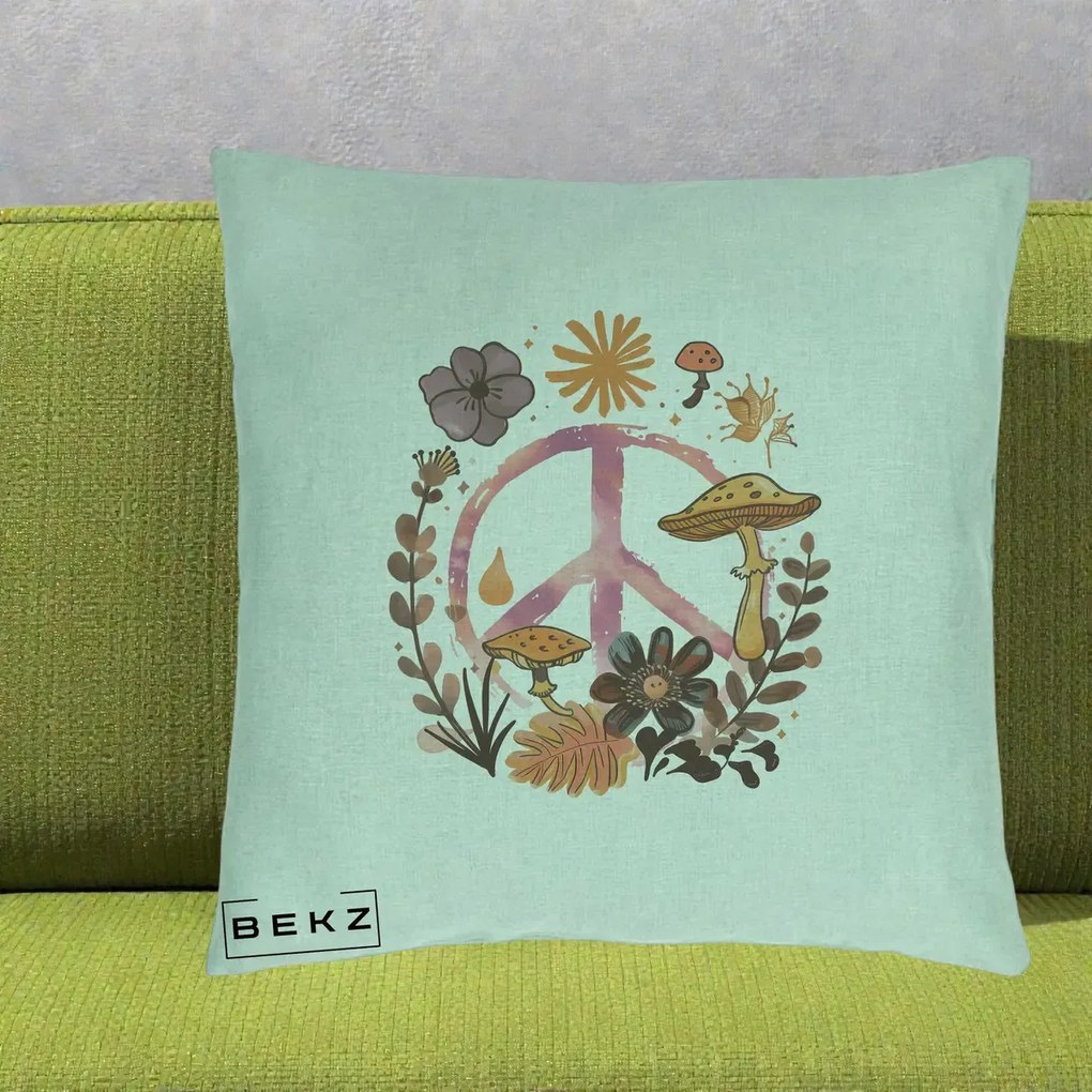 Perna Decorativa Peace Ciuperci Boho, 40x40 cm, Verde Menta, Husa Detasabila, Perna Inclusa, BEKZ®