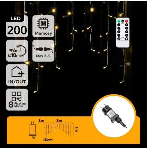 Aigostar - LED ghirlandă de Crăciun pentru exterior 200xLED/6W/230V/8 funcții 3x1m IP44 alb cald+telecomandă