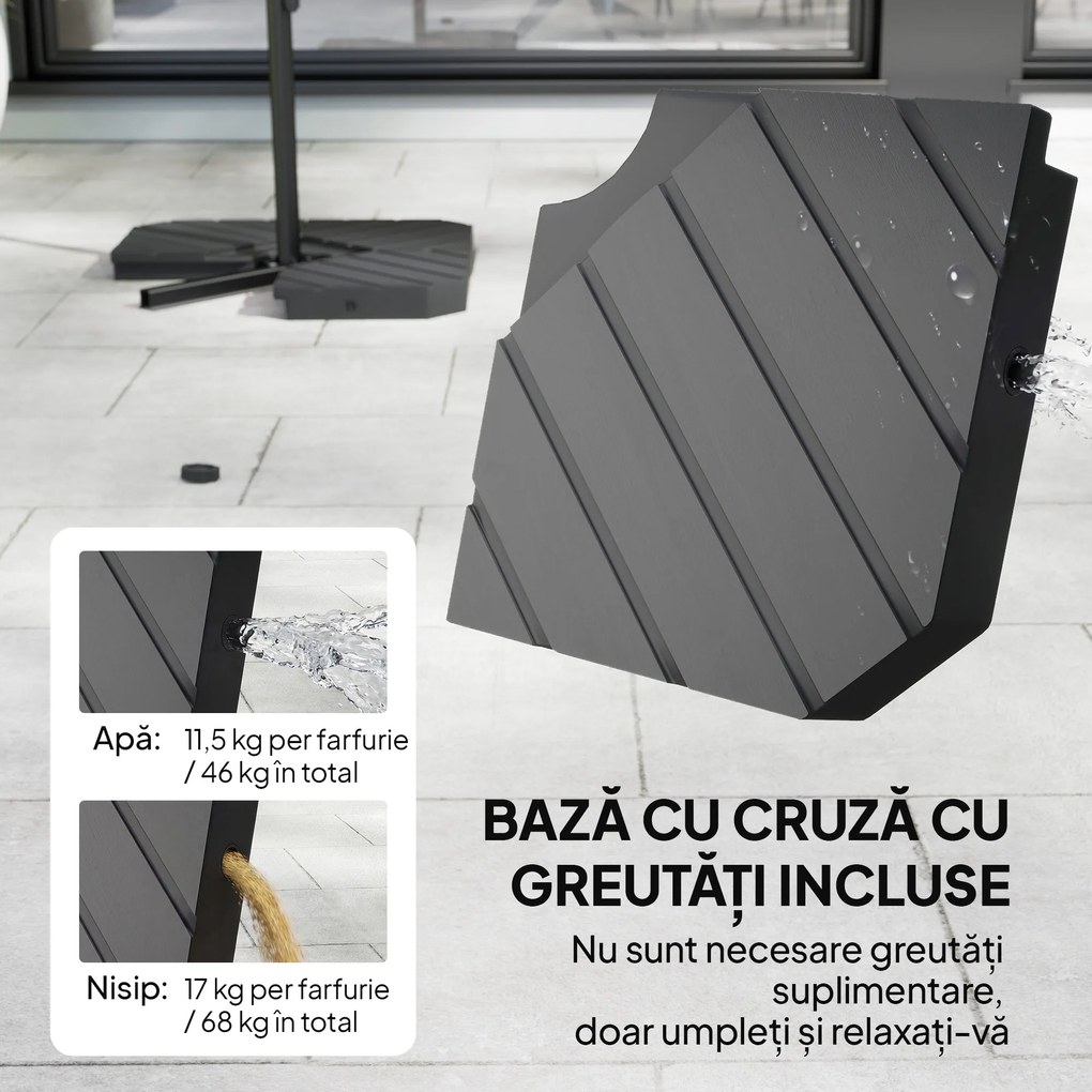 Outsunny Umbrelă de Grădină Offset 3x3 m, Umbrelă de Exterior cu Greutăți Reumplibile, Bază în Formă de Cruce, Sistem de Blocare, Manivelă, pentru Piscină Terasă, UV 30+, Gri Închis | Aosom Romania