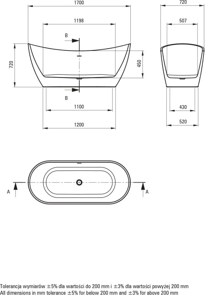Cada baie freestanding, alba, 170x72 cm, ovala, Deante Arnika 1700x720 mm