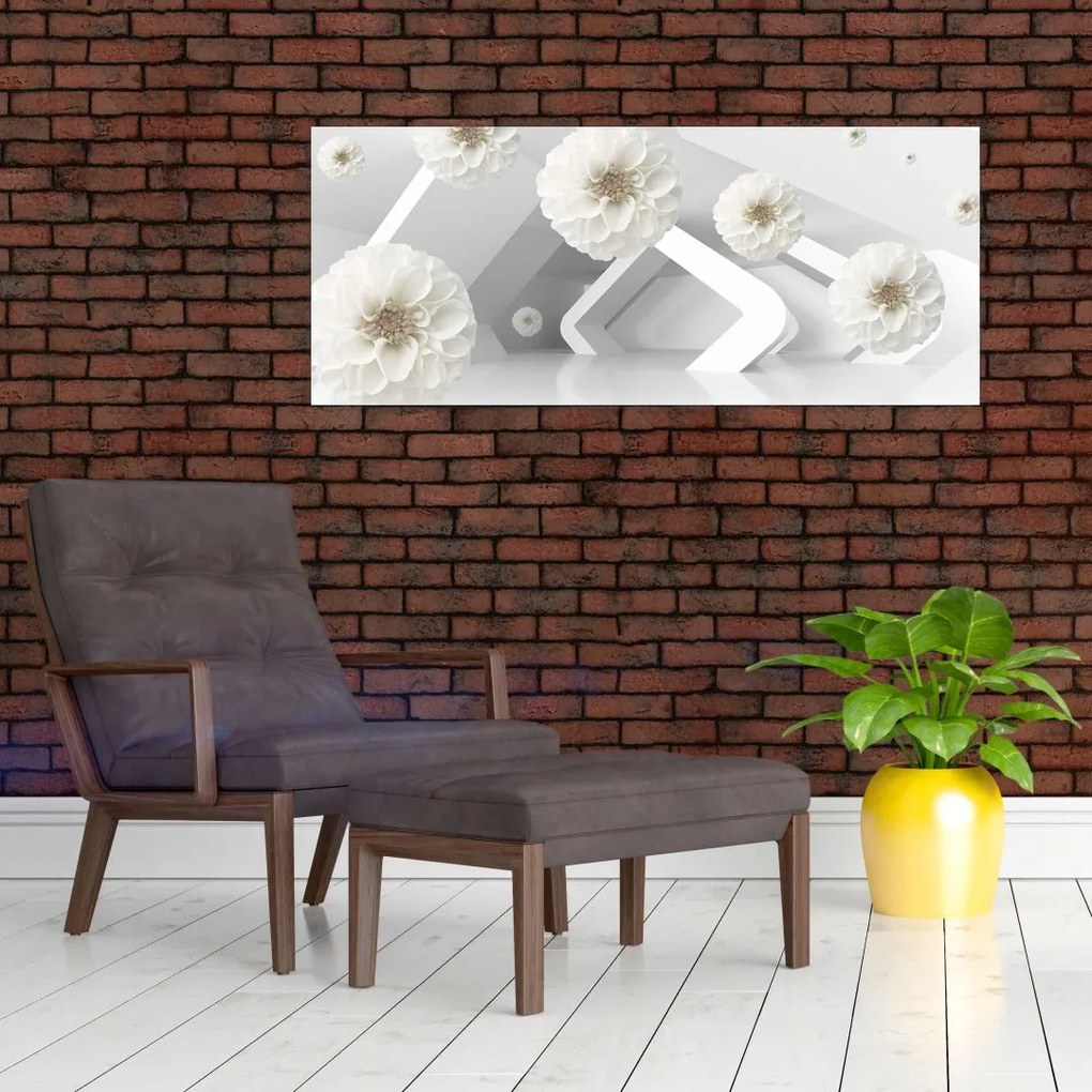 Tablou abstract cu flori albe (120x50 cm)