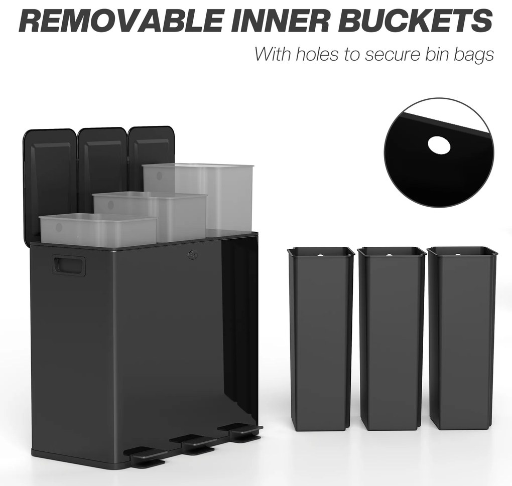 HOMCOM Coș de Gunoi cu 3 Secțiuni de 20L cu Pedală și 2 Capace cu Închidere Silențioasă, Coș de Gunoi din Oțel Inoxidabil și PP, 61.9x36.6x56.7 cm, Negru | Aosom Romania