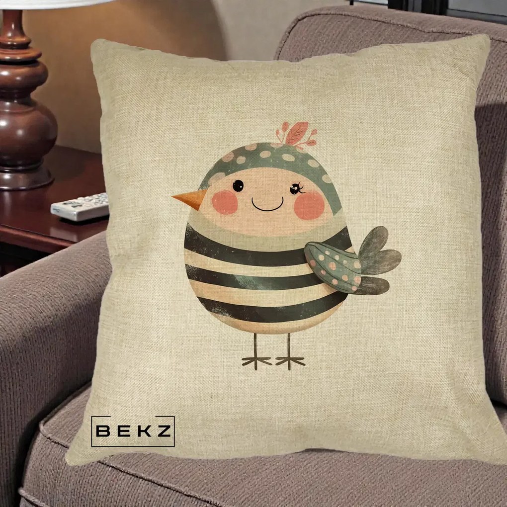 Perna Decorativa Pui Kawaii Teal cu Flori, 40x40 cm, Crem, Husa Detasabila, Perna Inclusa, BEKZ®