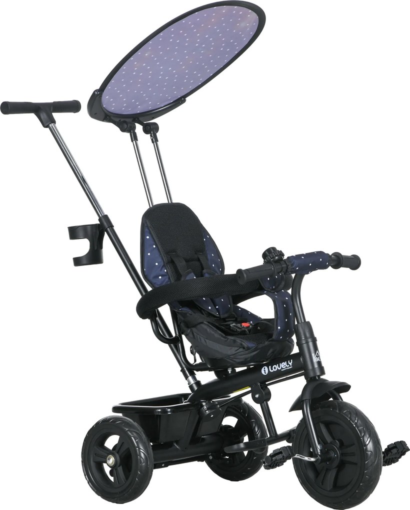 HOMCOM Tricicletă pentru copii 6-în-1 cu bară de împins, copertină, centură, coș pentru depozitare, pentru 1-5 ani, Albastru închis | Aosom Romania