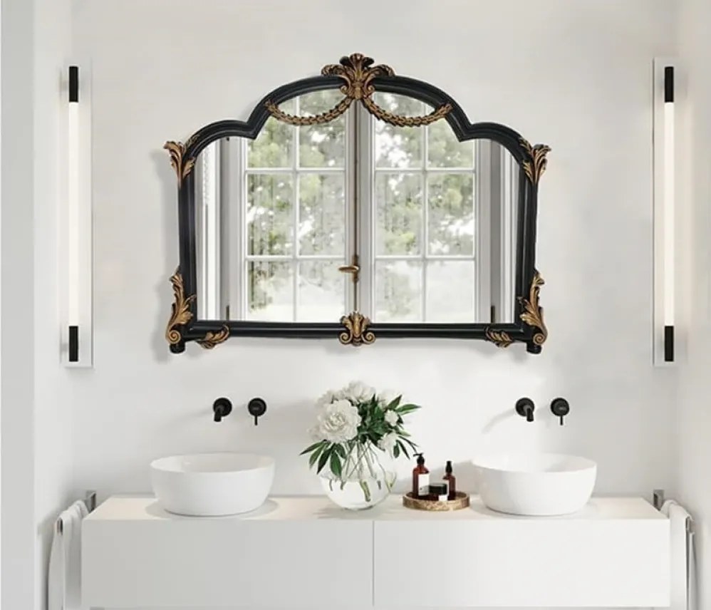 Oglindă decorativă de perete, ramă negru-aurii antichizată, 70x90 cm