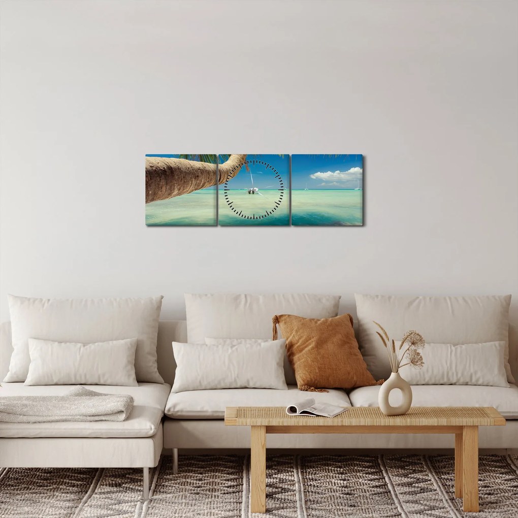 Tablou - Mare curată cu palmier (cu ceas) (90x30 cm)