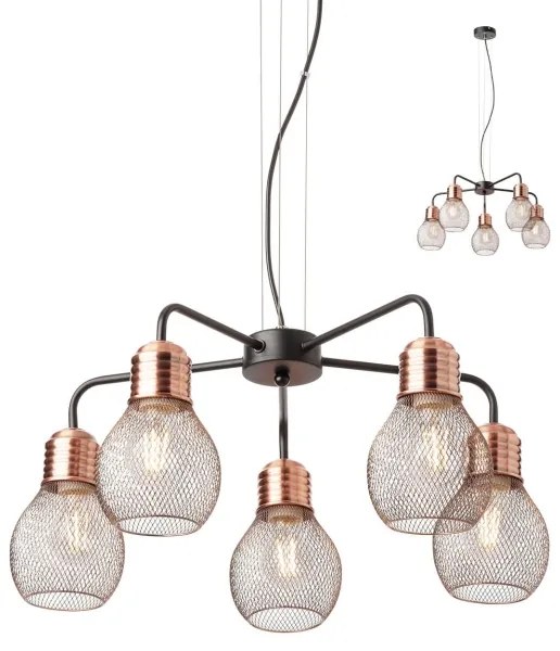 Redo 01-1580 - Candelabru suspendat pe cablu EDISON, 5x E27 / 42W / 230V, Ø 53 cm, negru/cupru