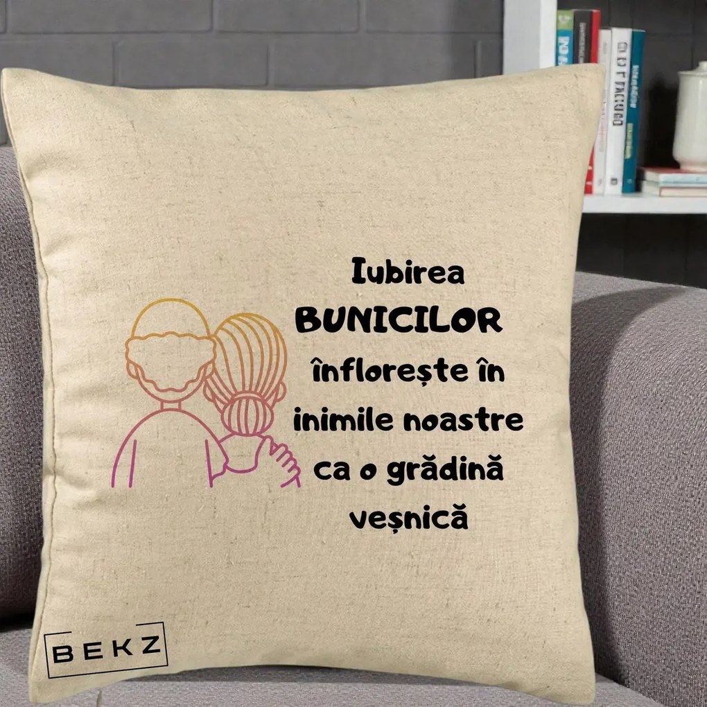 Cadou pentru Bunici - Perna Personalizata Iubirea Bunicilor Infloreste Cuplu Line Art Gradient, 40x40 cm, Bej, Husa Detasabila, Perna Inclusa, BEKZ®