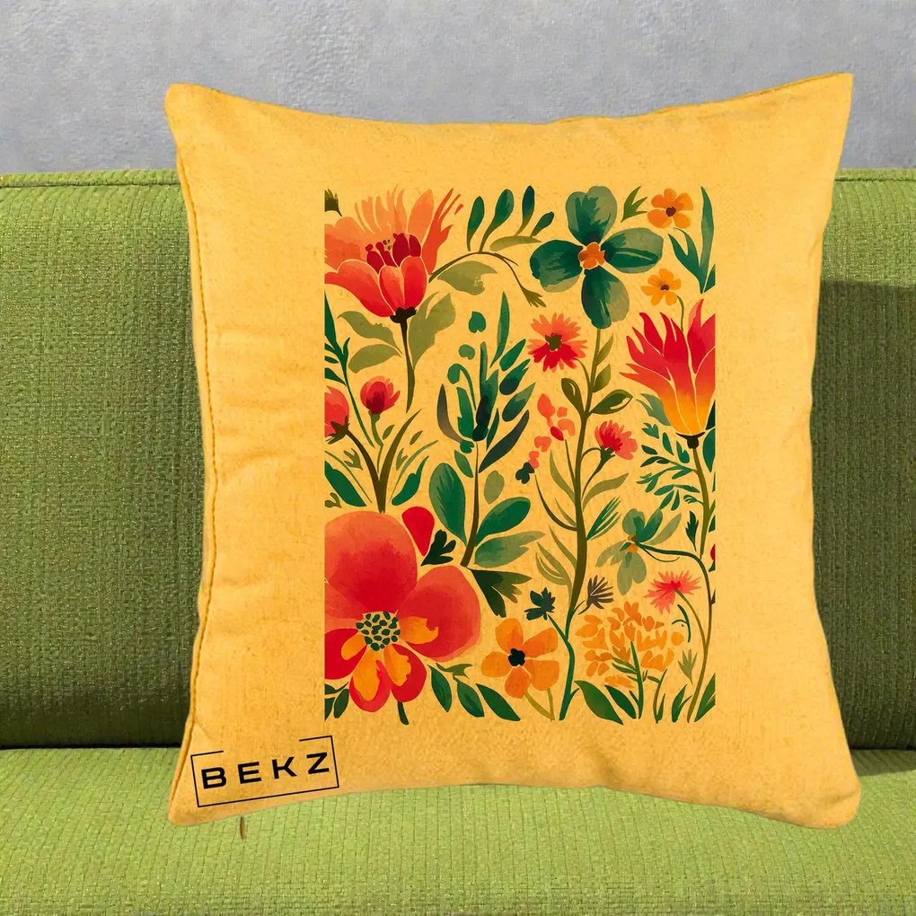 Perna decorativa cu flori: Gradina Florala Acuarela Colorata, 40x40 cm cu Umplutura, Galben, BEKZ