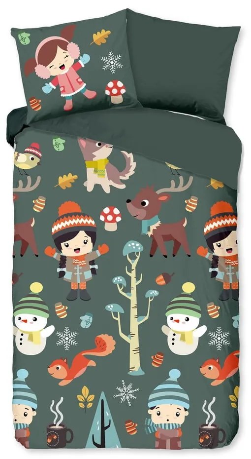 Lenjerie de pat pentru copii verde-închis din bumbac pentru pat de o persoană, extinsă 140x220 cm Fun – Good Morning