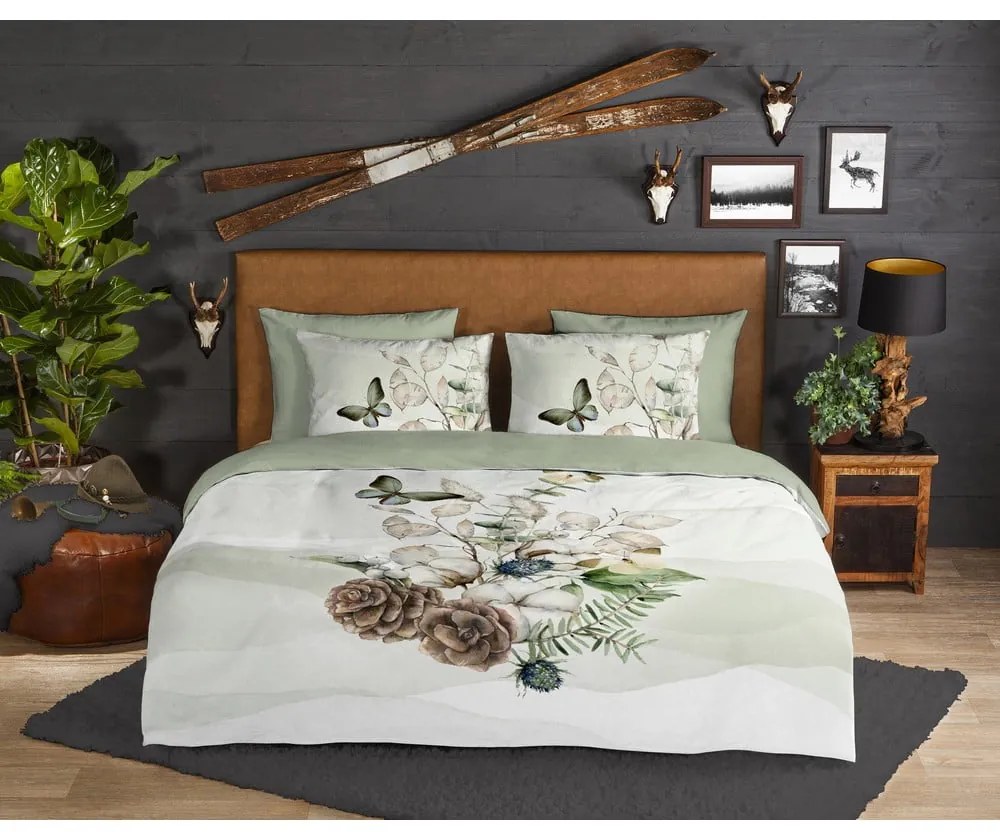 Lenjerie de pat verde/crem din flanelă pentru pat de o persoană/extinsă 140x220 cm Marjan – Good Morning