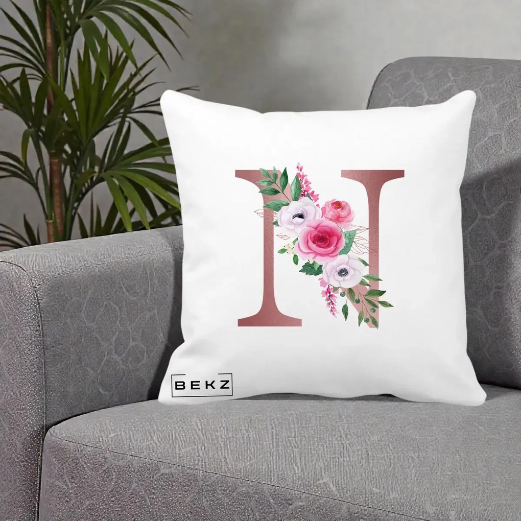 Cadou Personalizat - Perna Personalizata Monograma Rose Gold Litera N, 40x40 cm, Alba Mata, Husa Detasabila, Perna Inclusa, BEKZ®