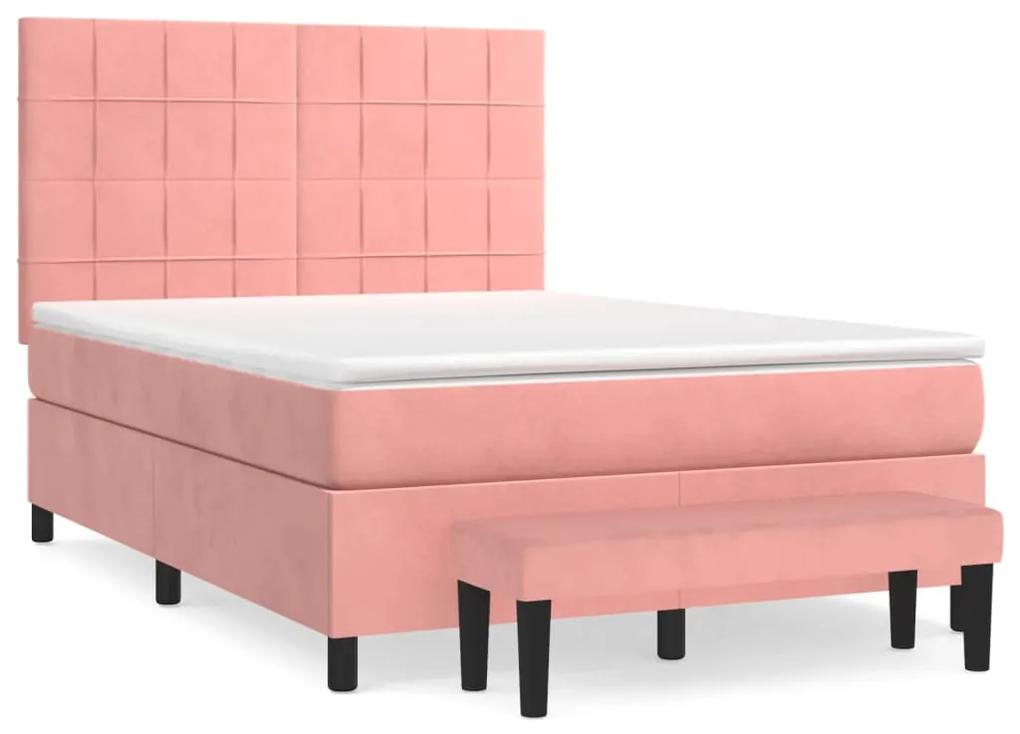 Pat box spring cu saltea, roz, 140x200 cm, catifea Roz, 140 x 200 cm, Cu blocuri patrate