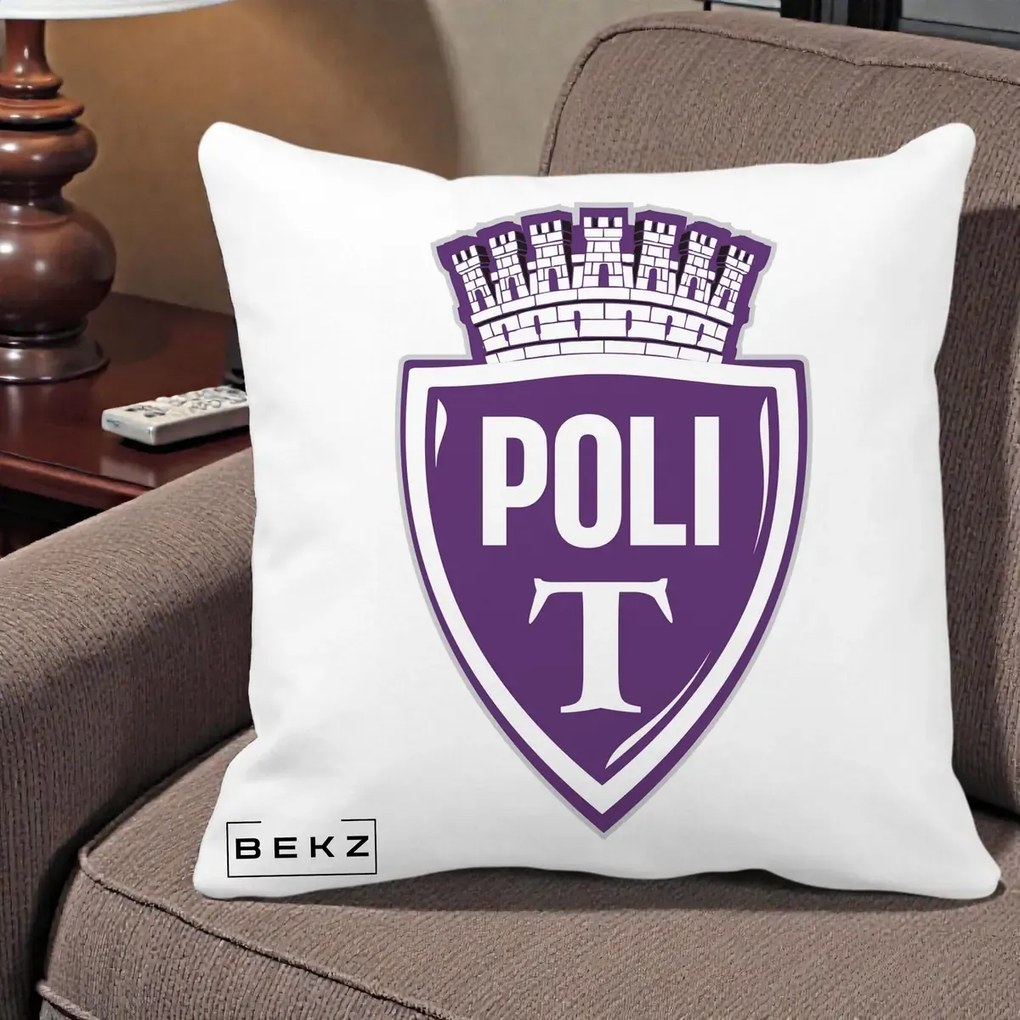 Perna Personalizata Poli Timisoara Fotbal, 40x40 cm, Alba Mata, Husa Detasabila, Perna Inclusa, BEKZ®