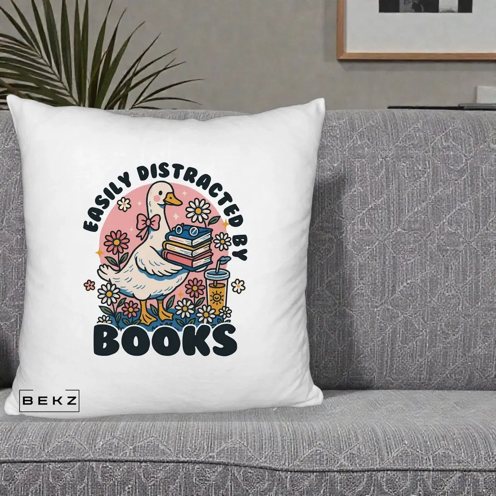 Perna Personalizata Easily Distracted by Books, 40x40 cm, Alb Pufos, Husa Detasabila, Perna Inclusa, BEKZ®