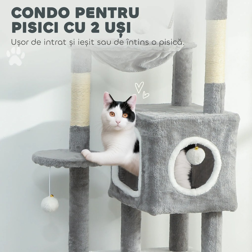 PawHut Arborele pentru Pisici cu Căsuțe, Rampe, Stinghie și 4 Mingi, Gri | Aosom Romania