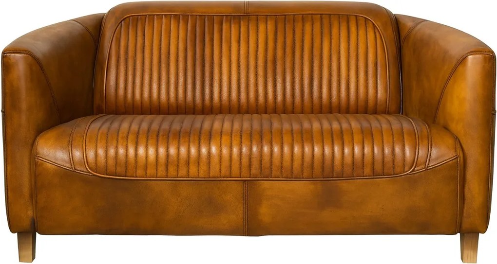 Canapea 2 locuri din piele naturală cognac, cu spătar și șezut cusute în canale, aspect vintage, 68 x 125 x 86 cm, „Pilot”