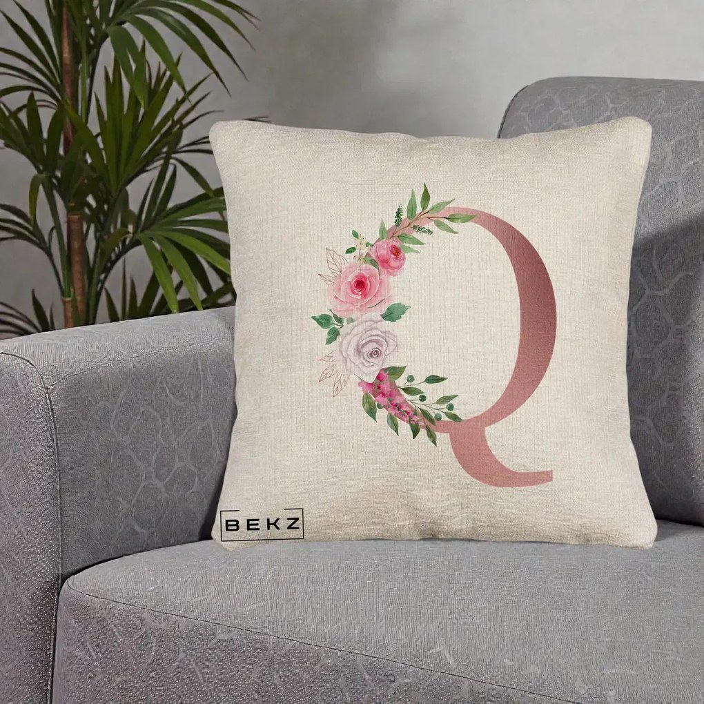 Cadou Personalizat - Perna Personalizata Monograma Rose Gold Litera Q, 40x40 cm, Bej Canapea, Husa Detasabila, Perna Inclusa, BEKZ®