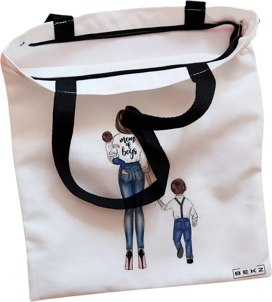 Sacosa de Panza pentru Cumparaturi, Geanta Tote, model Mom of Boys, Cu fermoar, 38x34.5 cm, Alba, BEKZ®