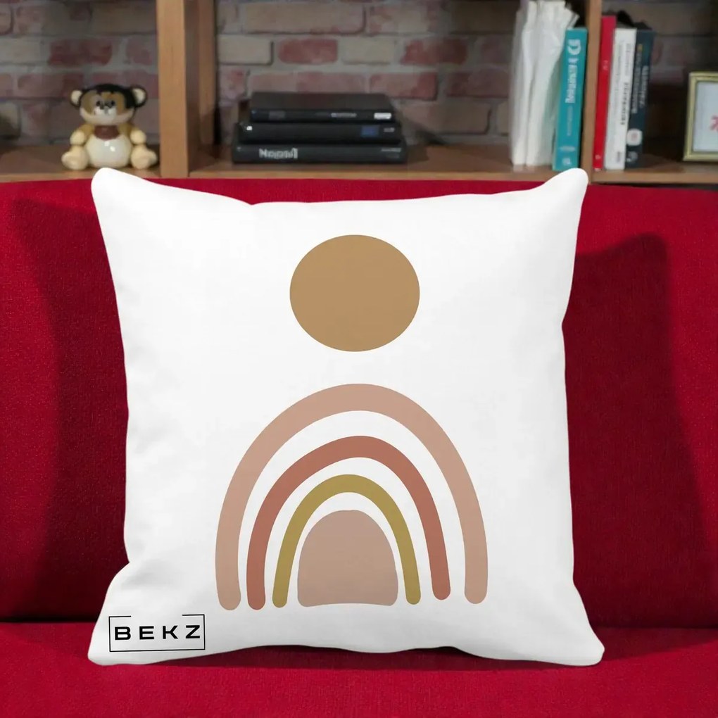 Perna Decorativa Boho Rainbow Sun, 40x40 cm, Alba Mata, Husa Detasabila, Perna Inclusa, BEKZ®