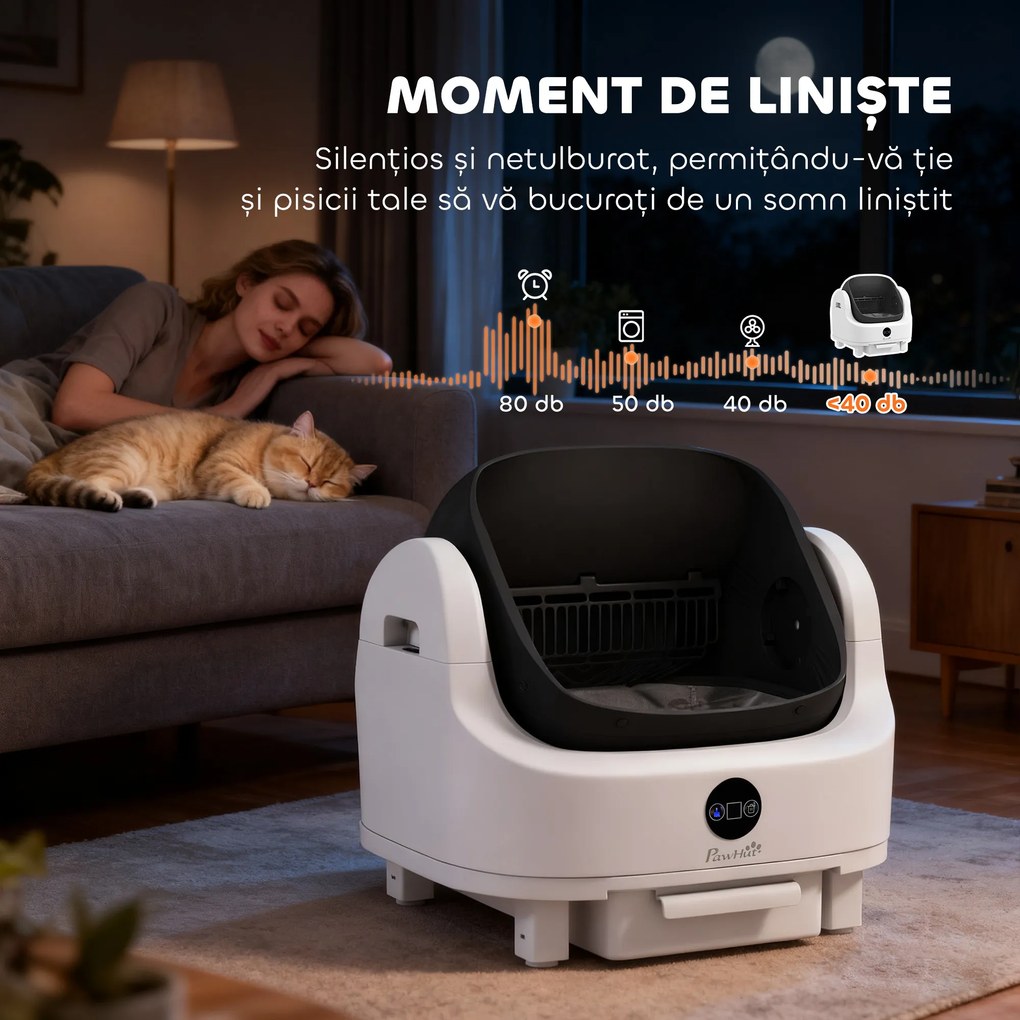 PawHut Ladă de Gunoi Autopropulsată pentru Pisici, Ladă Automată pentru Mai Multe Pisici, Design Deschis cu Senzori de Siguranță, Deodorant, Recipient Gunoi 8L, Saci de Gunoi, Silențioasă, pentru Pisici 1-5 kg | Aosom Romania
