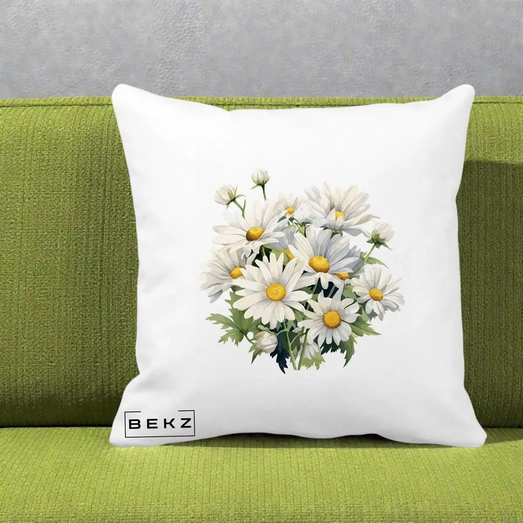 Perna Decorativa Buchet Margarete Albe Acuarela, 40x40 cm, Alba Mata, Husa Detasabila, Perna Inclusa, BEKZ®