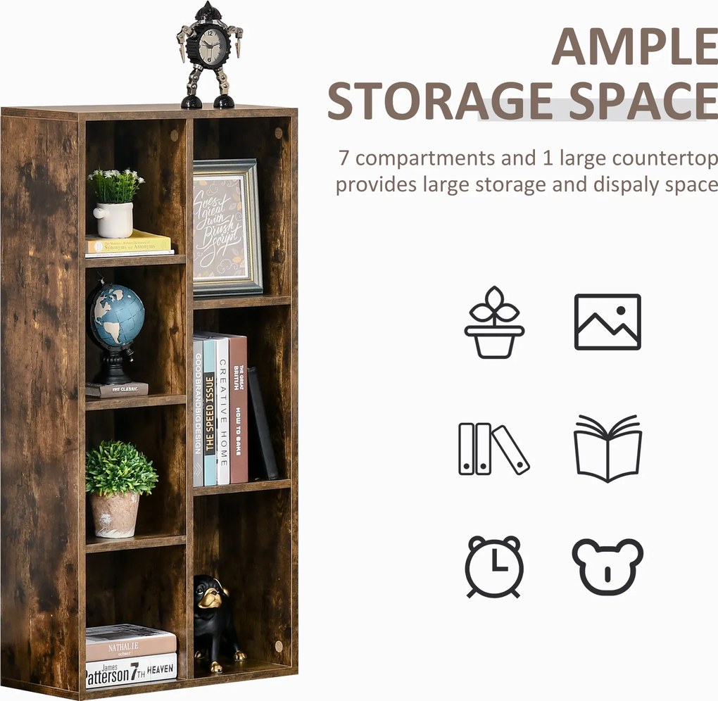 HOMCOM Biblioteca din Lem Stil Vintage Cubica cu 7 suporturi diferite din MDF pentru Casa si Birou 50x24x106cm, Maro Rustic