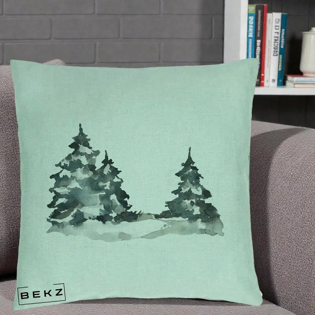 Perna Decorativa Brazi Inzapeziti Acuarela, 40x40 cm, Verde Menta, Husa Detasabila, Perna Inclusa, BEKZ®