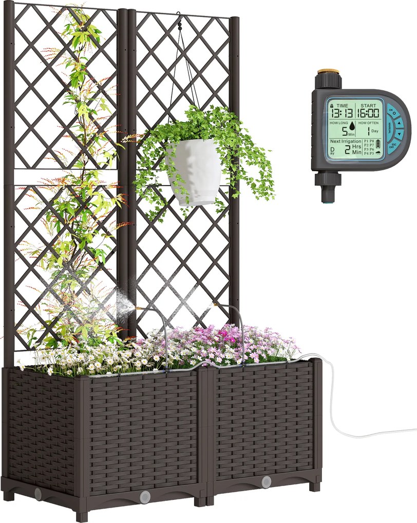 Outsunny Set de 2 spalier cu ghiveci, ghiveci cu orificiu de drenaj, sistem de udare cu timer, 80 x 40 x 136 cm, maro | Aosom Romania