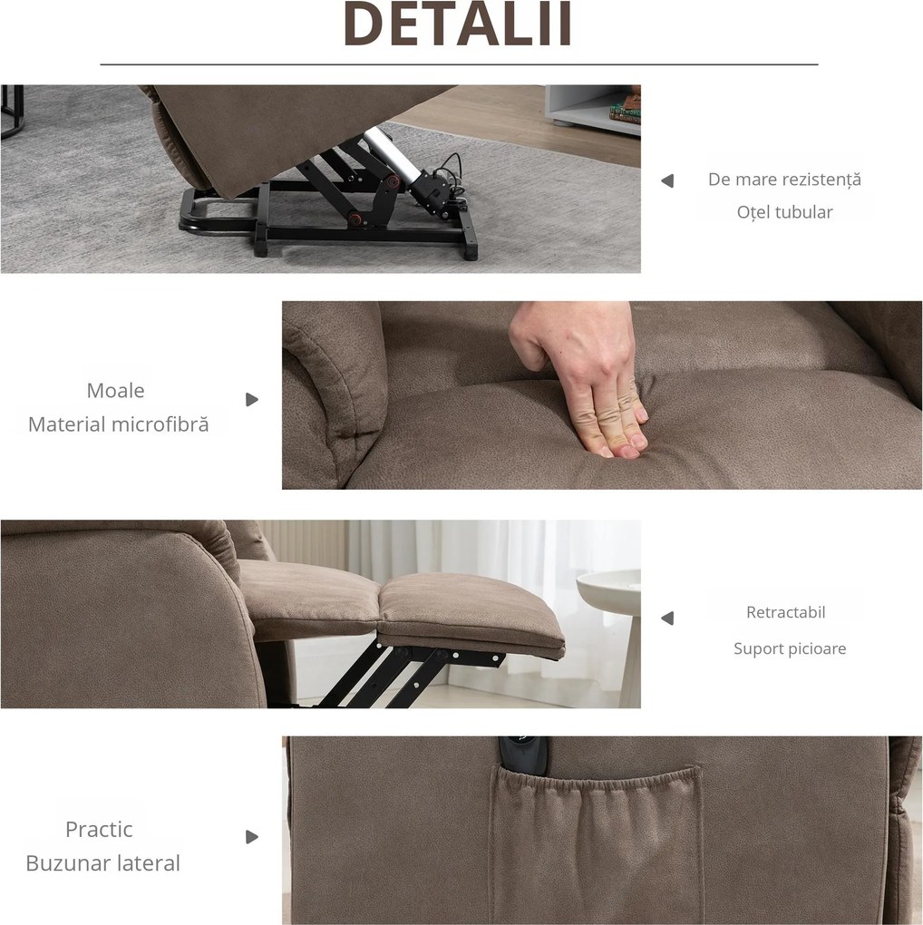 HOMCOM Fotoliu Ridicare Persoane Rabatabil 150° max cu Telecomanda si Suport pentru Picioare, 75x93x110 cm, Maro | Aosom Romania