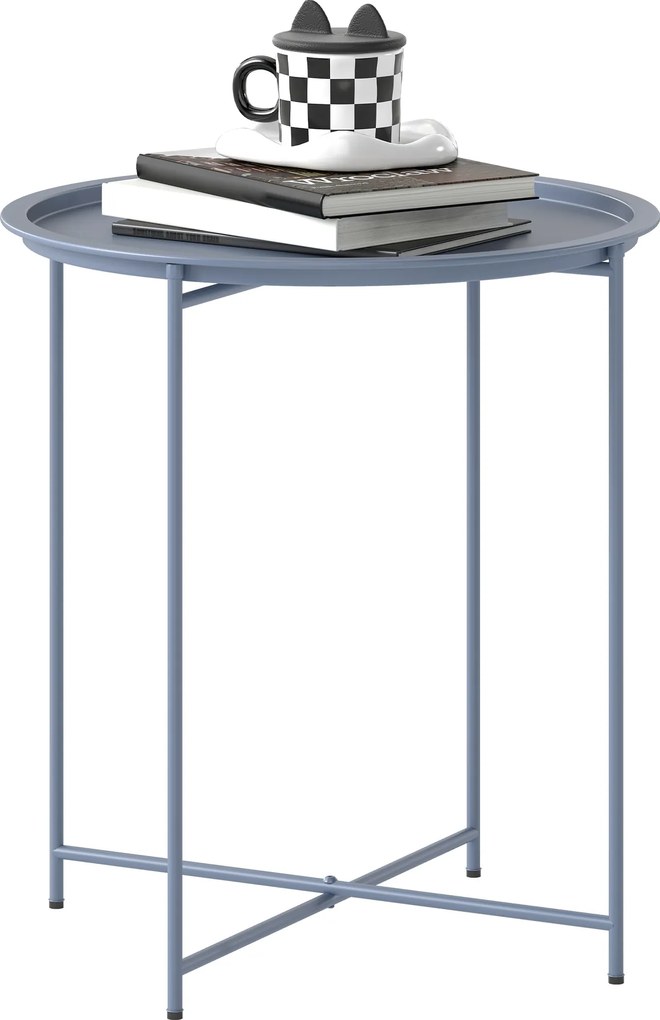 Outsunny Măsuță Rotundă Măsuță de Supliment Blat Detașabil cu Margine Ridicată Picioare Pliabile din Metal Ø46x50cm Albastru-Gri | Aosom Romania