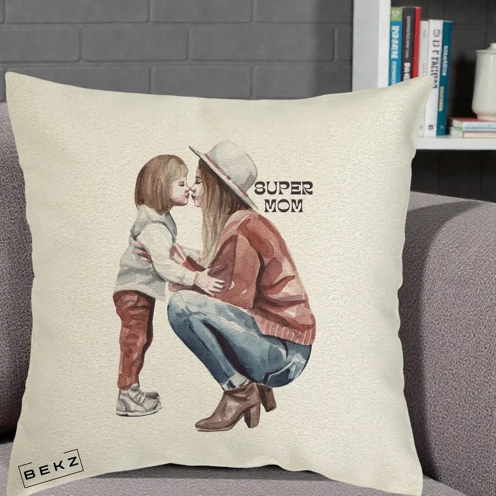 Cadou pentru Mama - Perna Personalizata Super Mom Acuarela, 40x40 cm, Ecru, Husa Detasabila, Perna Inclusa, BEKZ®